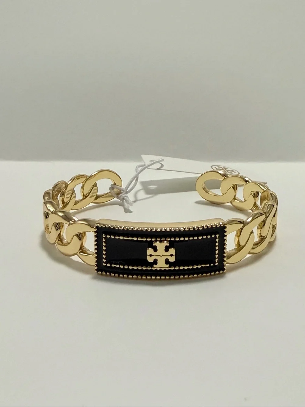Tory Burch Milgrain Logo Black & Gold Chain Link Cuff Bangle Bracelet NWT